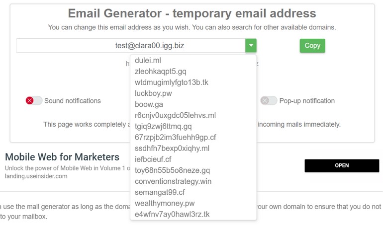 Email Generator 具備新郵件聲音提醒拋棄臨時信箱