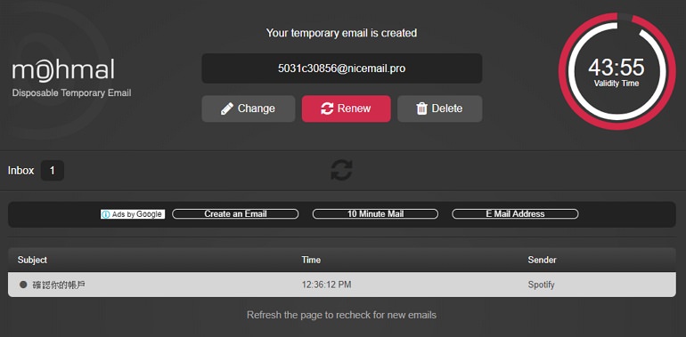 Mohmal Temp Mail 多達 46 分鐘可續期拋棄式信箱